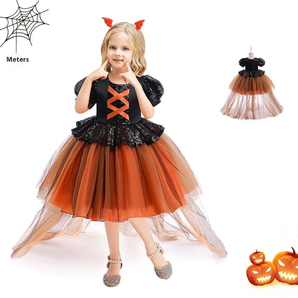 Halloween Witch Costume-Tulle Splicing Gown With Train,Cosplay Performance Outfit,Princess Dress