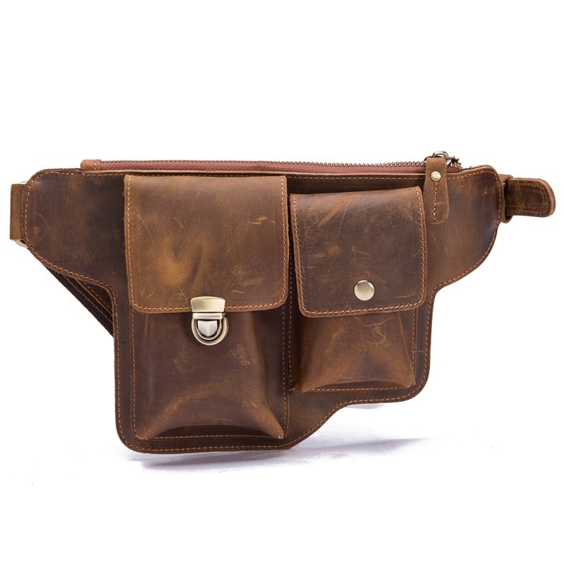 2068 Men's Genuine Crazy Horse Leather Waist Bag Crossbody Bag Wear Belt Waist Bag Ring Body Bag First Layer Cowhide Personalized Money Collection