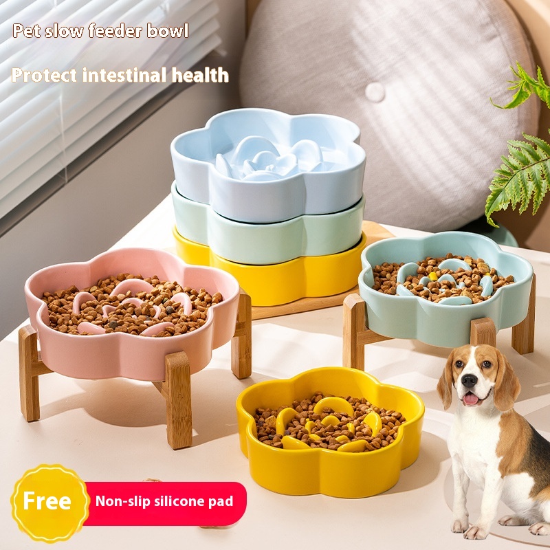 Ceramic Slow Food Bowl Dog Bowl Anti-choke Medium And Large Dog Food Bowl Cat Bowl With Wooden Rack Pet Bowl Pet Drinking Bowl