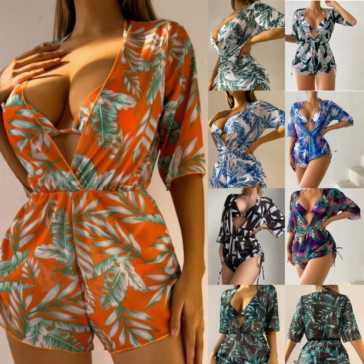 European And American Three-piece Bikini Leaf Print Waist Tie Fashion Long Sleeve Beach Sun Protection Swimsuit