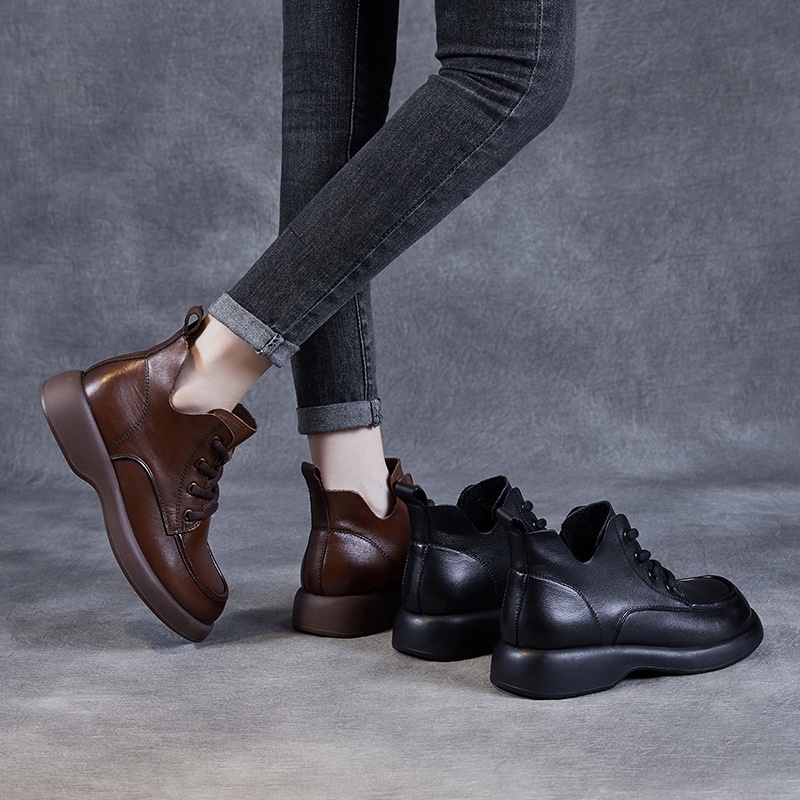 First-layer Cowhide Martin Boots For Women Autumn Low-top Retro Boots Handmade V-mouth Lace-up Short Boots - 2