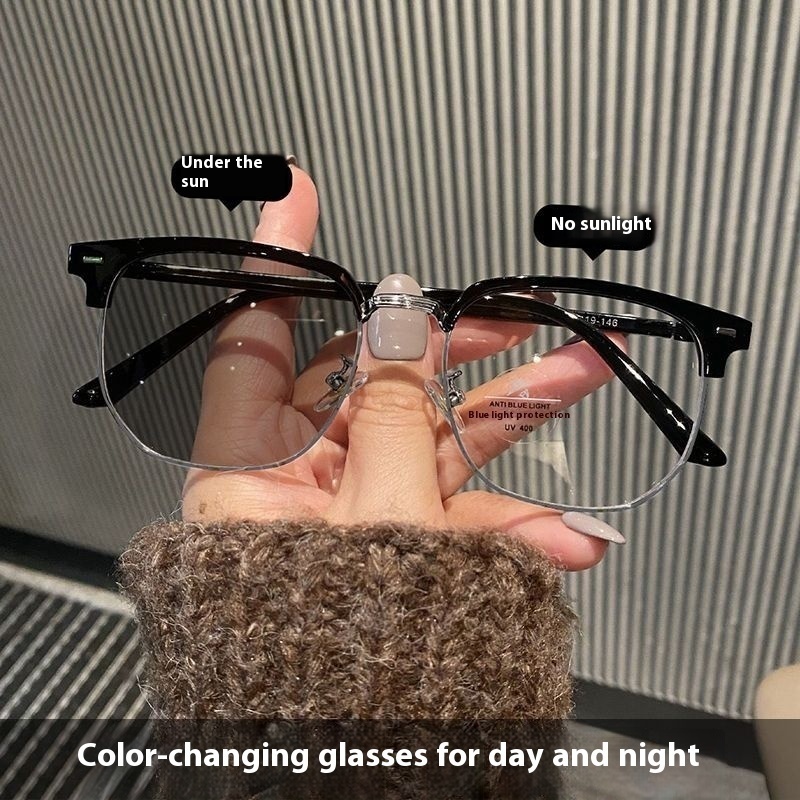 Handsome Color-changing Glasses For Male Students Of Science And Engineering With Myopia,High-value Retro Half-frame Anti-blue Light Glasses For Women