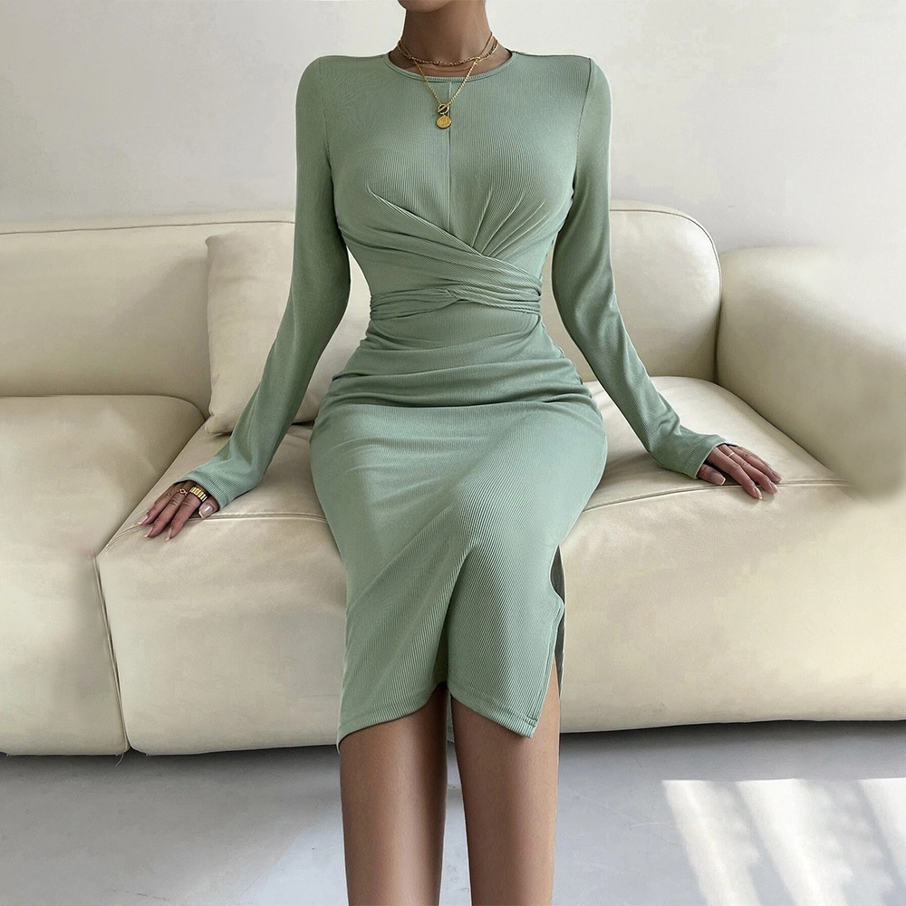 Foreign Trade European And American Women's Clothing Round Neck Slim Hip-wrapped Mid-length Skirt Long-sleeved Dress - 3