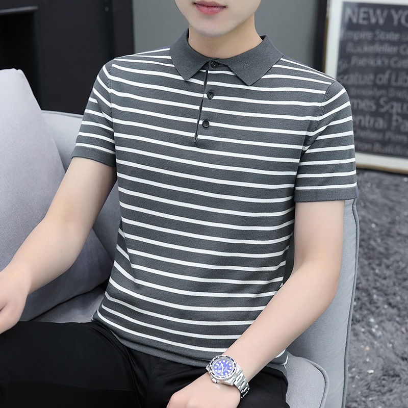 Ice Silk Striped Knitted Polo Shirt Men's Short-sleeved Summer Casual Business Fashion Youth Lapel T-shirt