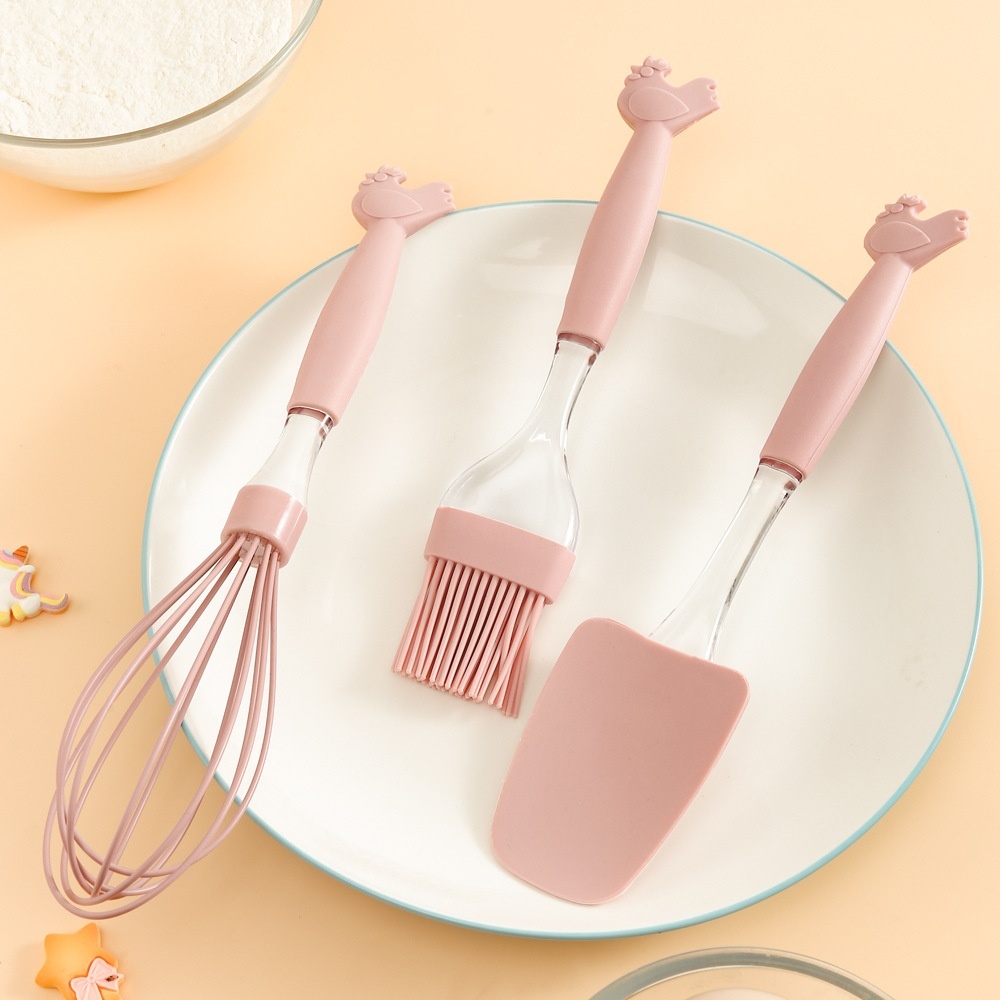 Silicone BBQThree-piece Set With Plastic Handle Cartoon Animal Set Egg Beater Butter Spatula Kitchen Scraper Butter Brush
