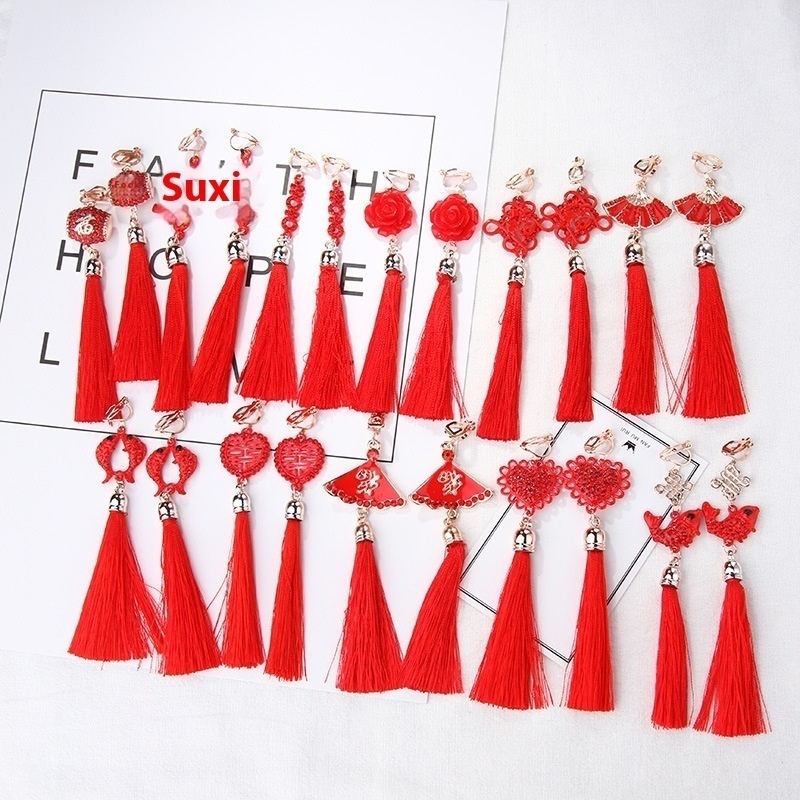 Chinese Style Temperament Retro Hanfu Ancient Style Ear Clip Chinese Knot Red Long Tassel Earrings Wedding Earrings For Women
