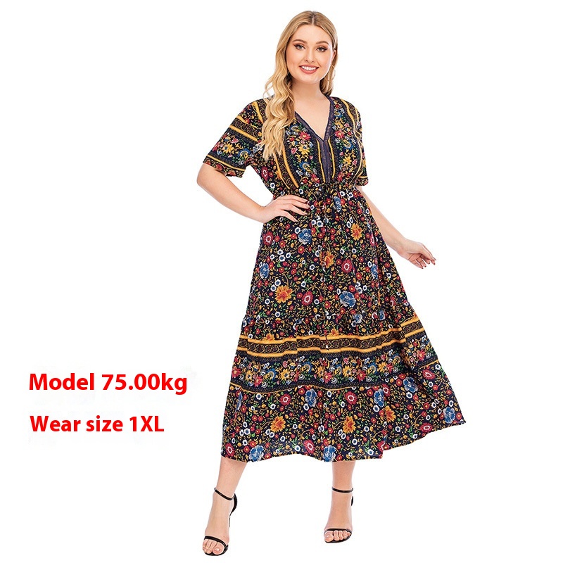 USMiddle East Retro Women's Large Size Floral Dress200 Catties Can Wear