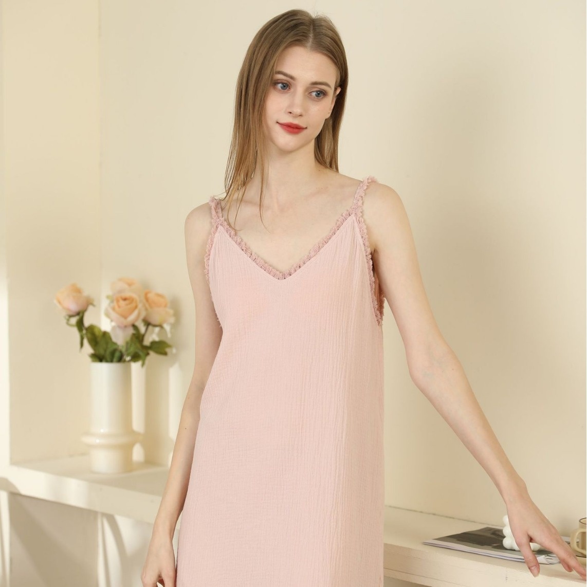 Short Skirt~Spring And Summer Pajamas For Women,Pure Cotton,Solid Color,Lace,Large Backless,Sexy Suspender Skirt,Double-layer Yarn,Home Furnishing