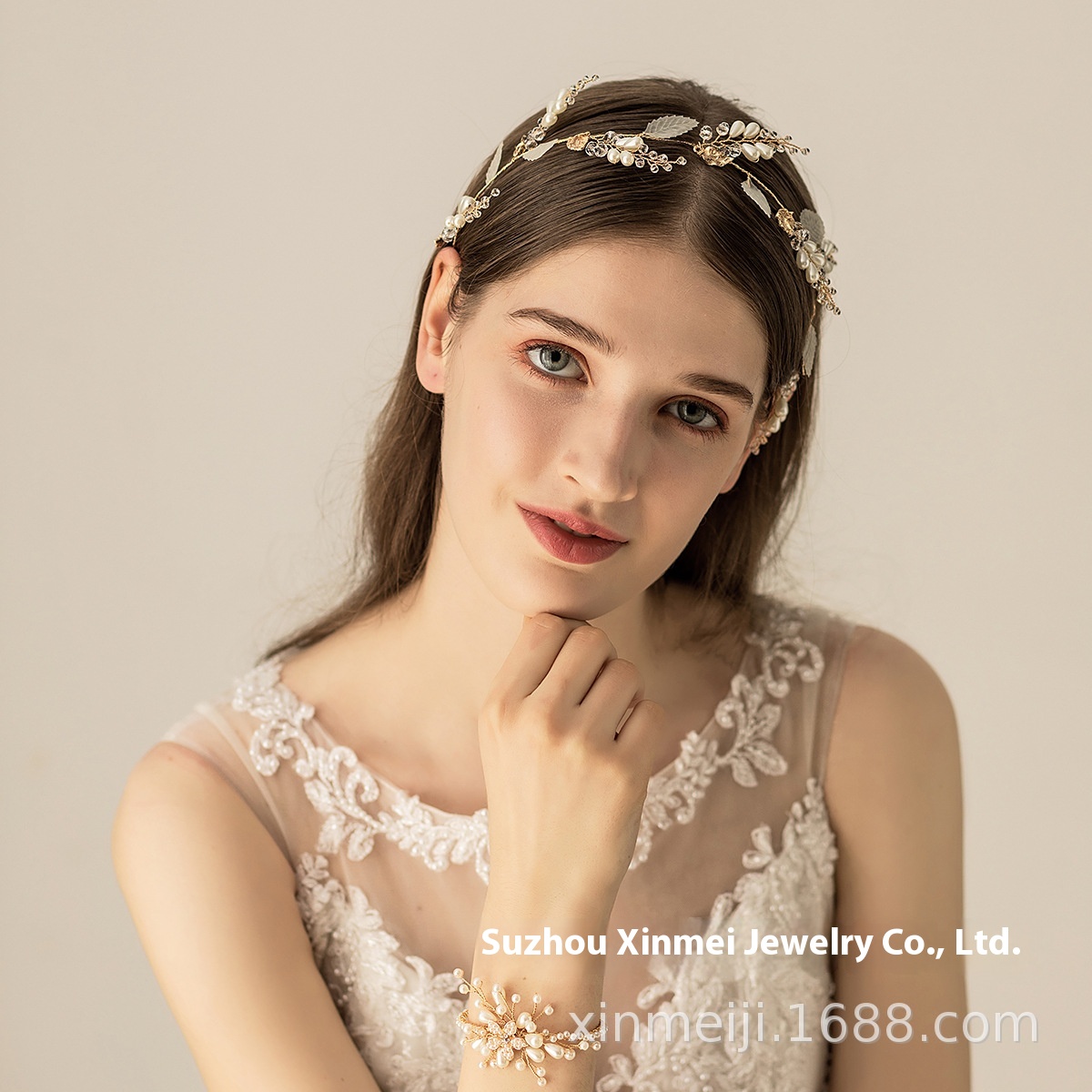 O545 Chiffon Leaf Beaded Bridal Headband European And American Popular Dinner Toast Dress Headdress Accessories