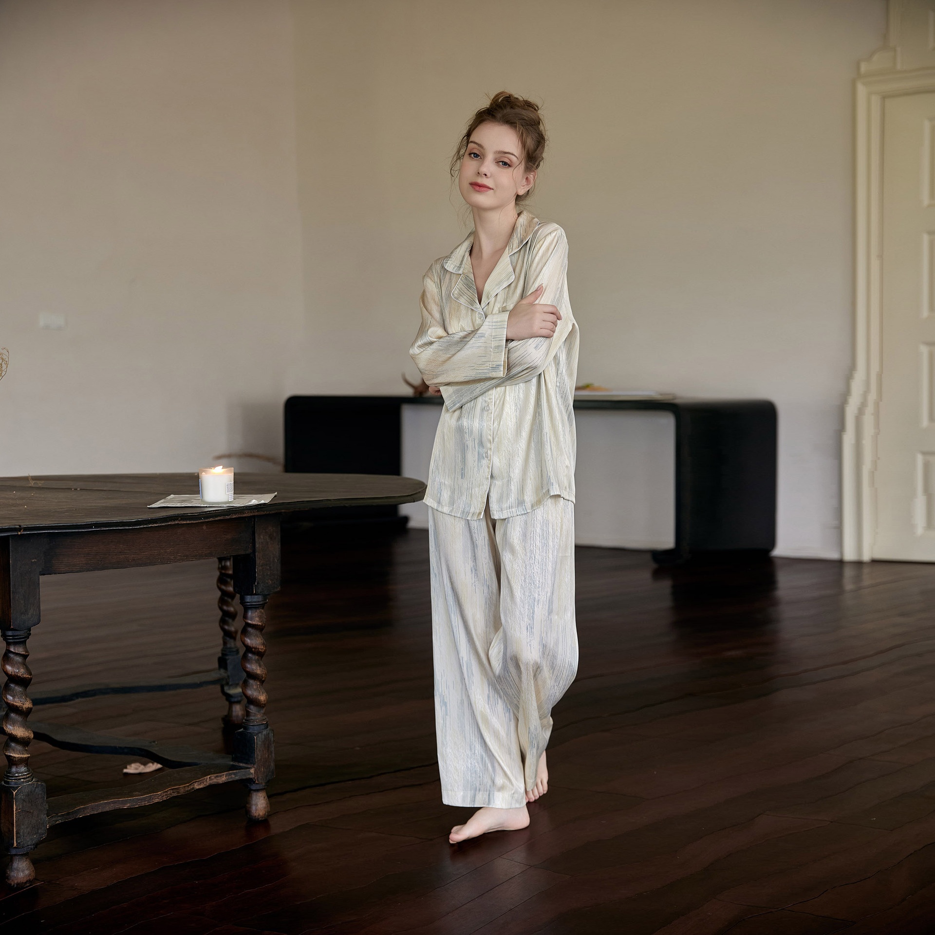 Zhili Cool Breathable Ice Silk Pajamas Women's Long-sleeved Suit Ladies Marble Print Spring Thin Home Clothes