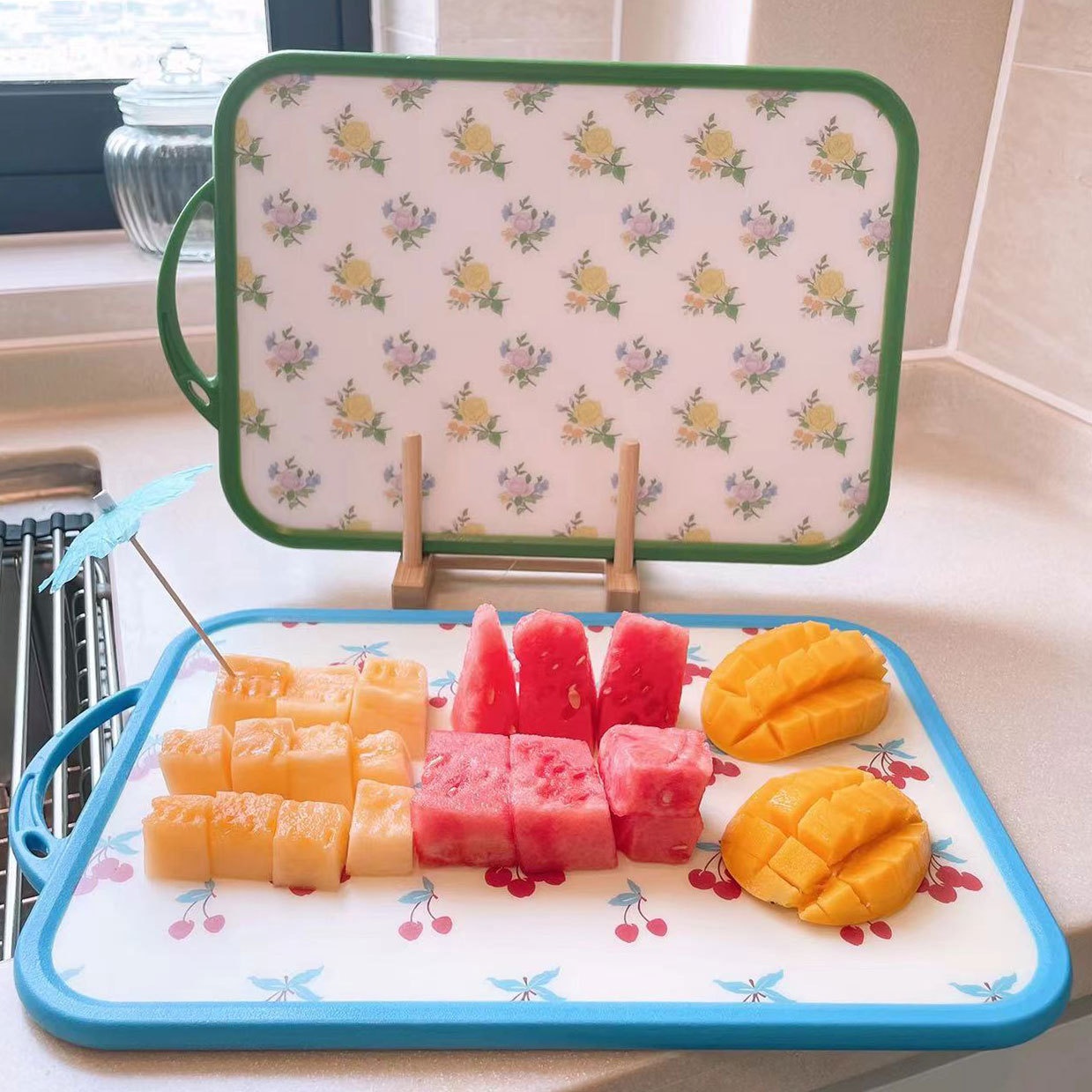 Small Floral Cherry Fruit PPCutting Board Double-sided Picnic Camping Kitchenware Antibacterial Kitchen Plastic Cutting Board