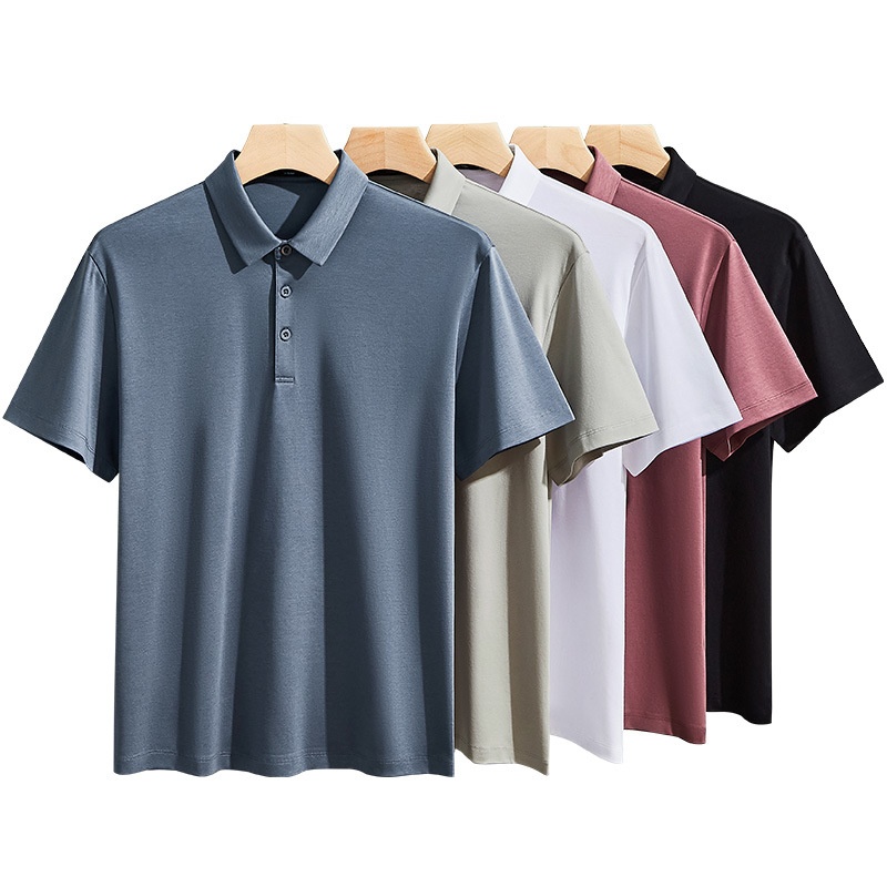 Men's Summer Lapel T-shirt Solid Color Seamless Half-sleeve Senior Cool Mulberry Silk Short-sleeve Polo Shirt