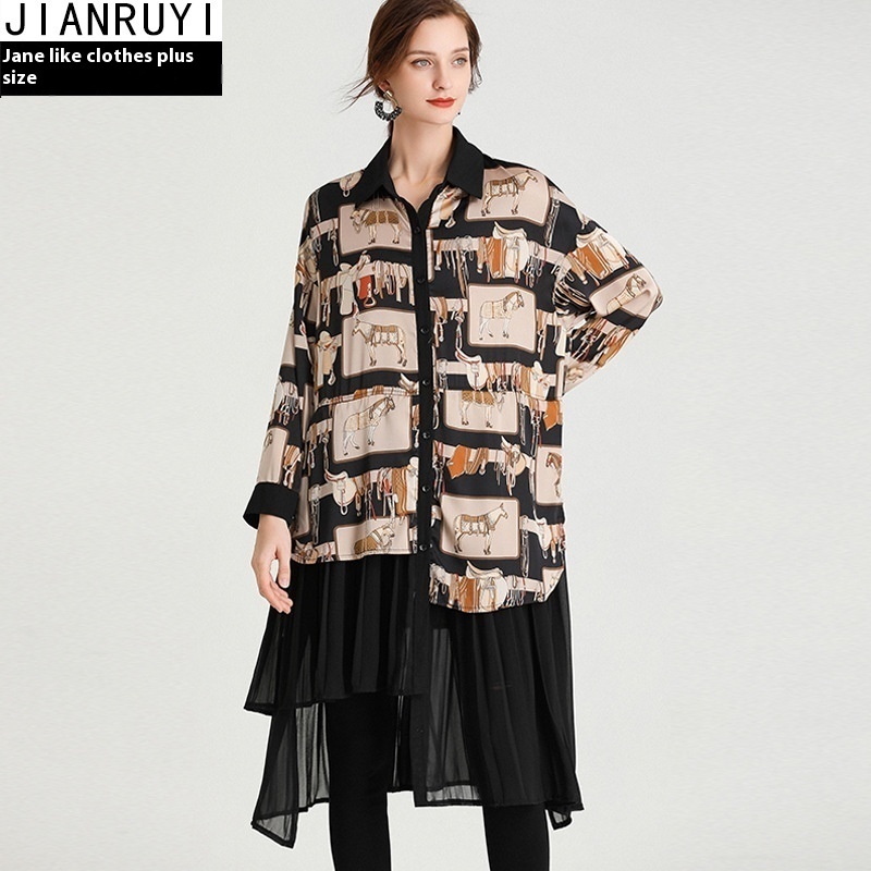 Plus Size Women's Clothing Spring Style Fashionable Splicing Pleated Medium And Long Loose Plus Size Chiffon Cardigan