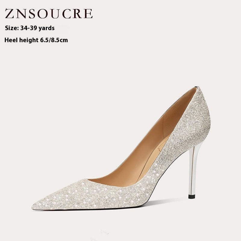 H708-55 Sheepskin Pearl White Wedding Shoes High-end Stiletto Bridal Shoes High Heels Two-wear Pointed Toe Single Shoes For Women - 1