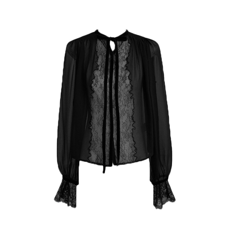 French Light Luxury With Slightly See-Through Loose Sun Protection And Lace-Tied Shirt Slimming Velvet Bow Skirt Long Suit