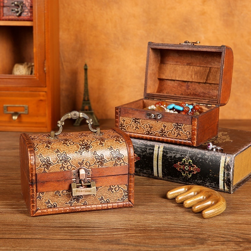 Retro Wooden Box Jewelry Storage Box With Lock Password Box Film And Television Decoration Props Leather Printing Box