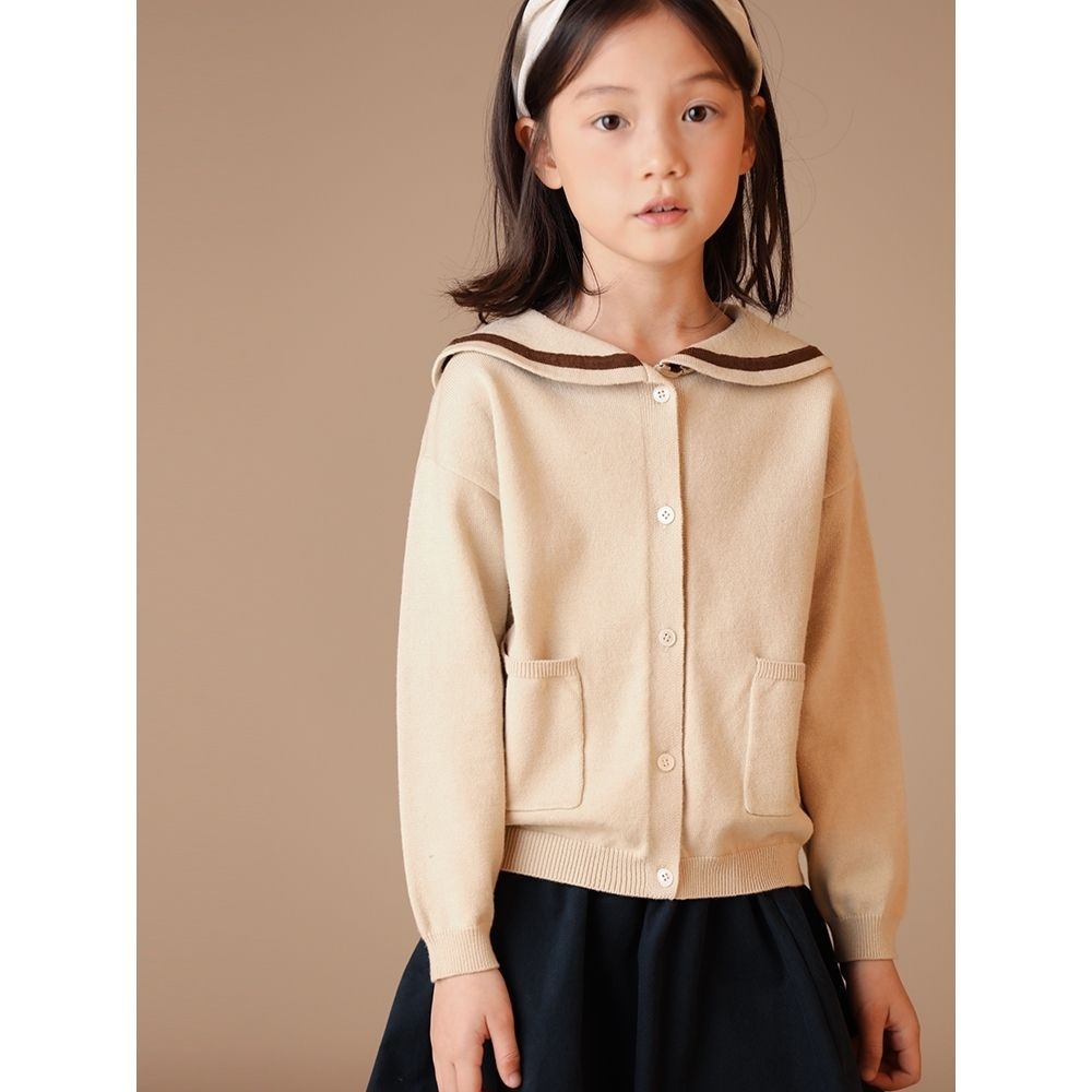 Children's Clothing Autumn Arrival Girls'College Style Sweater Navy Collar Color Matching Pocket Cotton Knitted Cardigan Jacket Spring