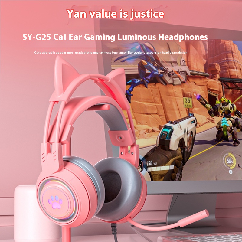 Cute Cat Ear Gaming Computer Headset Wired Headset Gaming Headset