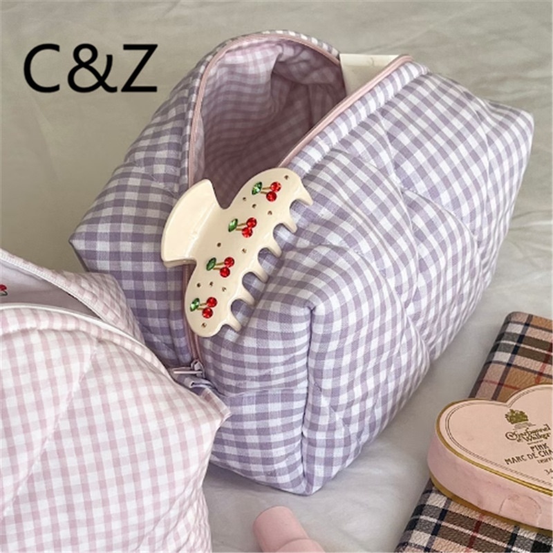 Small Fresh Purple Plaid Cosmetic Bag Travel Multifunctional Thin Makeup And Skin Care Products Storage Zipper Bag