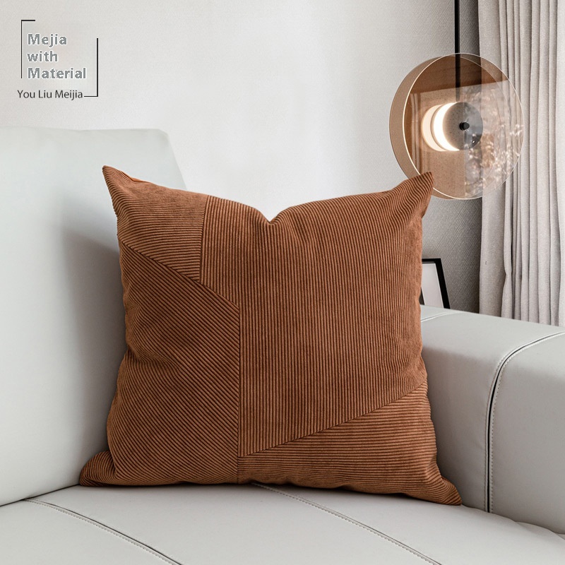 Caramel Color Thin Strip Corduroy Pillowcase Stitching Design Modern Light Luxury Model Room Homestay Soft Cushion50cm
