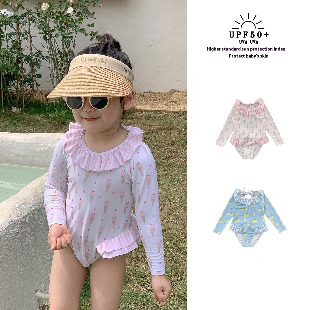 Girls Summer Long-sleeved Sun Protection One-piece Swimsuit Bow Cute Swimsuit Girl Baby Swimsuit