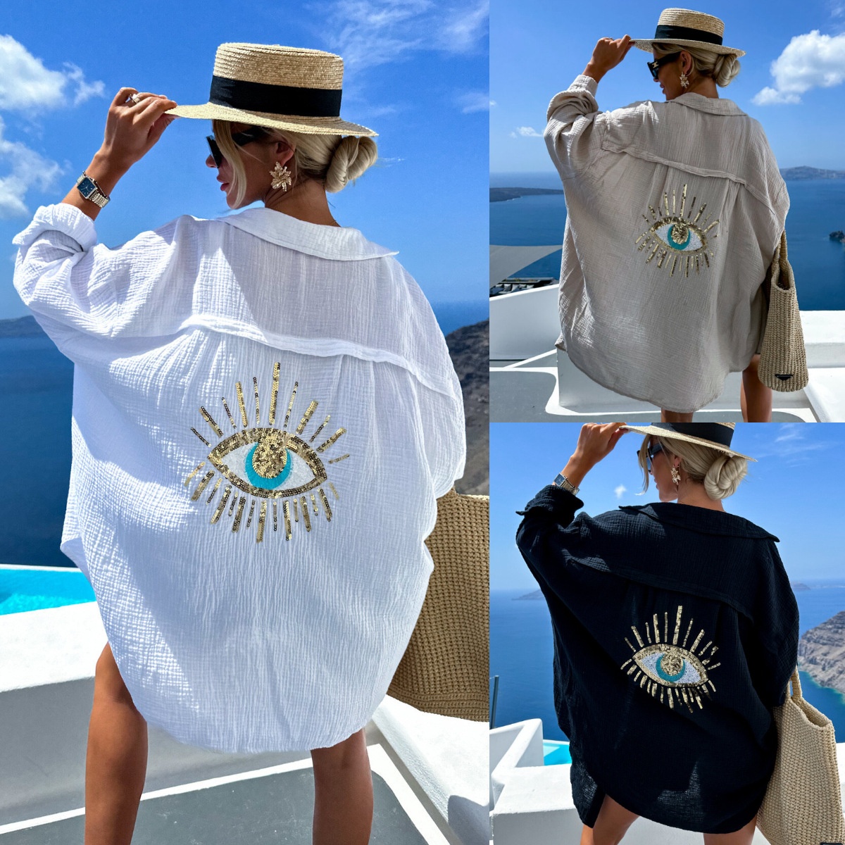 Spring And Summer European And American Women's Casual V-neck Pocket Stitching Sequin Loose Long-sleeved Blouse