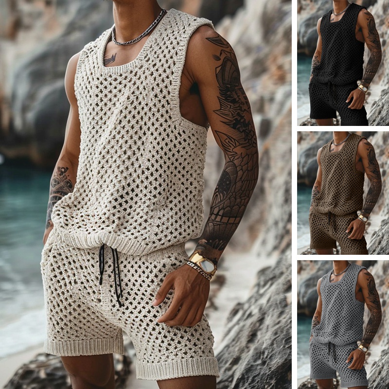 Summer Casual Slim Fit Shirt And Shorts Set With Vertical Stripes Button Short Sleeve Turn-down Collar Men's Knitted Summer Wear