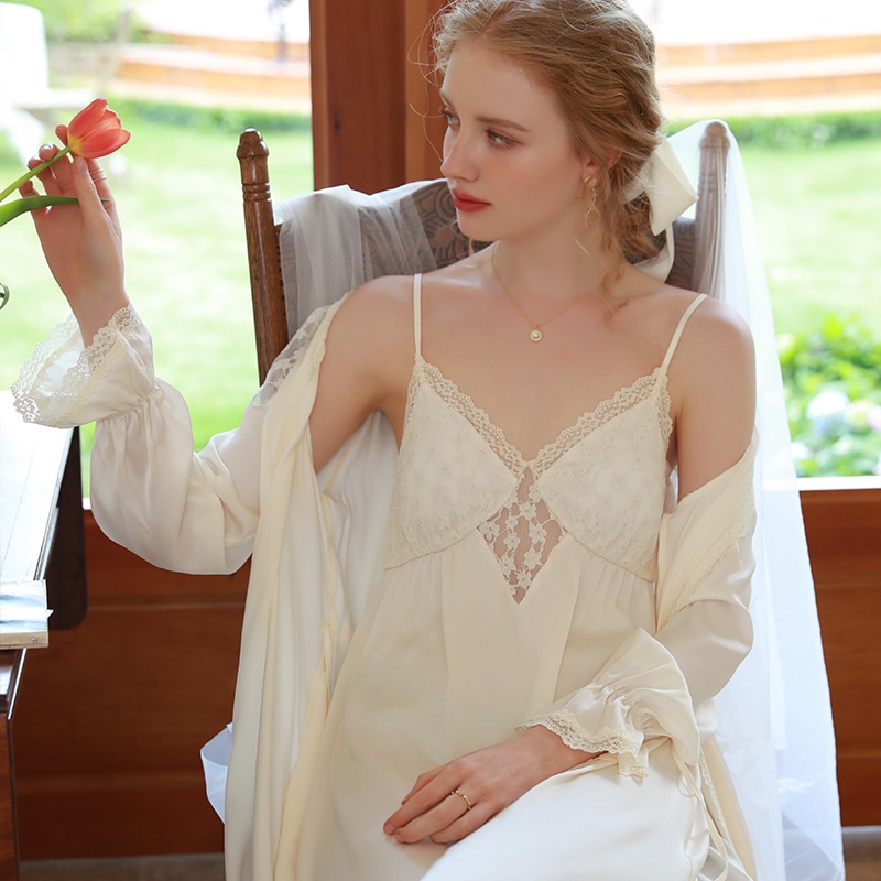 French Spring And Autumn Sexy Nightdress Women's Suspenders Outer Two-piece Suit Home Clothes Solid Color High-end Pure Desire Style