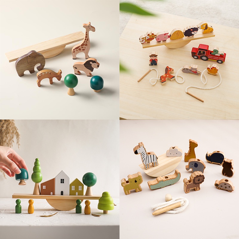 Baby Educational Multifunctional Early Education Wooden Hands-on Brain Toy String Color Recognition Stacking Seesaw Toy