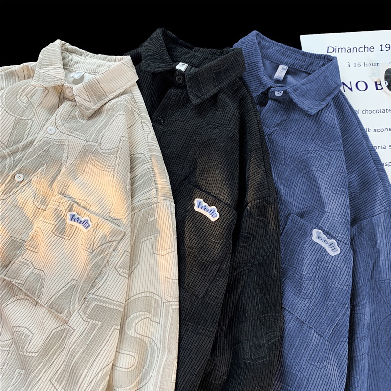 Corduroy Shirt Men's Japanese Style Long-sleeved Lapel Jacket Hong Kong Style Hip-hop High Street Fashion Brand Spring And Autumn Handsome Shirt - 4