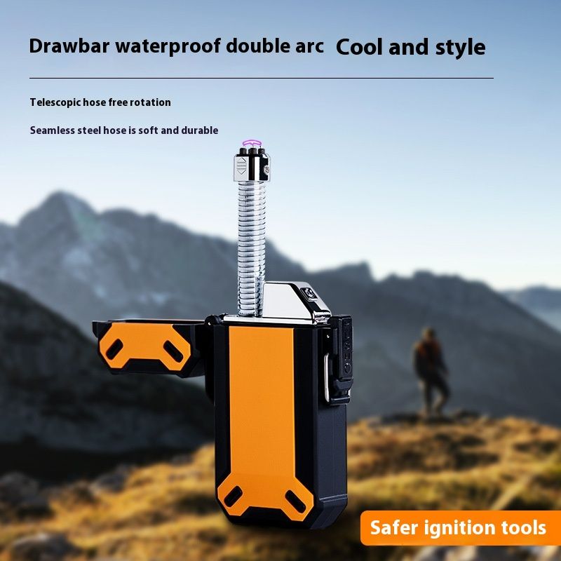 Pull-Rod Waterproof Dual Arc Lighter-Windproof Rotating USBRechargeable Lighter With Extendable Flexible Hose For Camping
