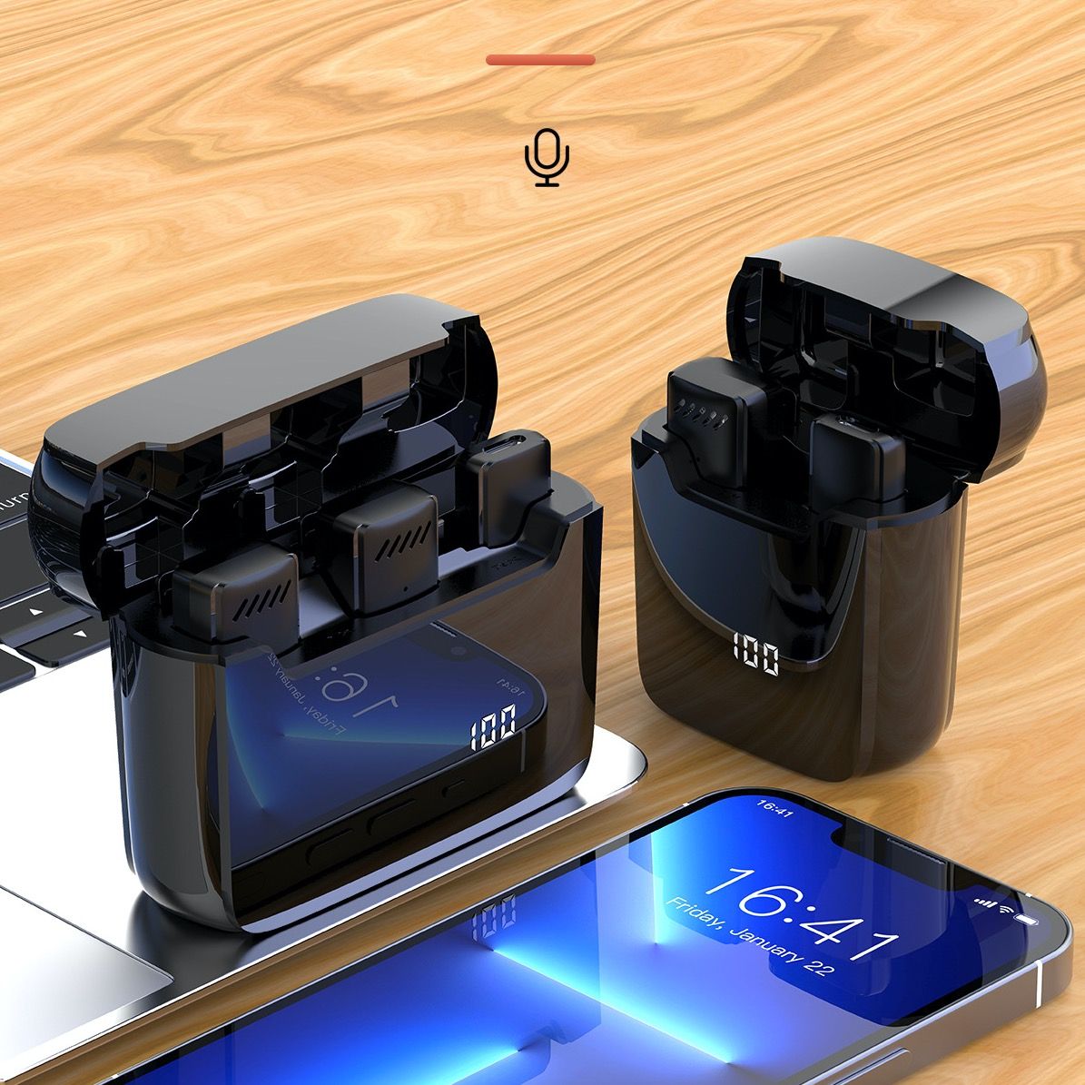 Wireless Digital Display Recording Lavalier Noise Reduction Microphone With Charging Compartment Supports Various Device OS