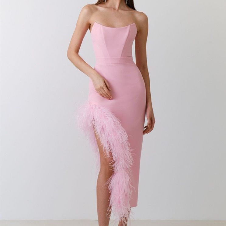 Stylish Pink Bandage Strapless Leg-Revealing Feather Party Dress