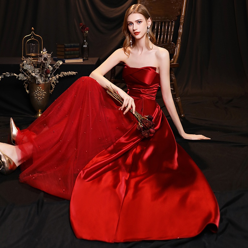 Toast Dress For Women Tube Top Textured Satin Celebrity Bride Wedding Banquet Atmospheric Evening Dress