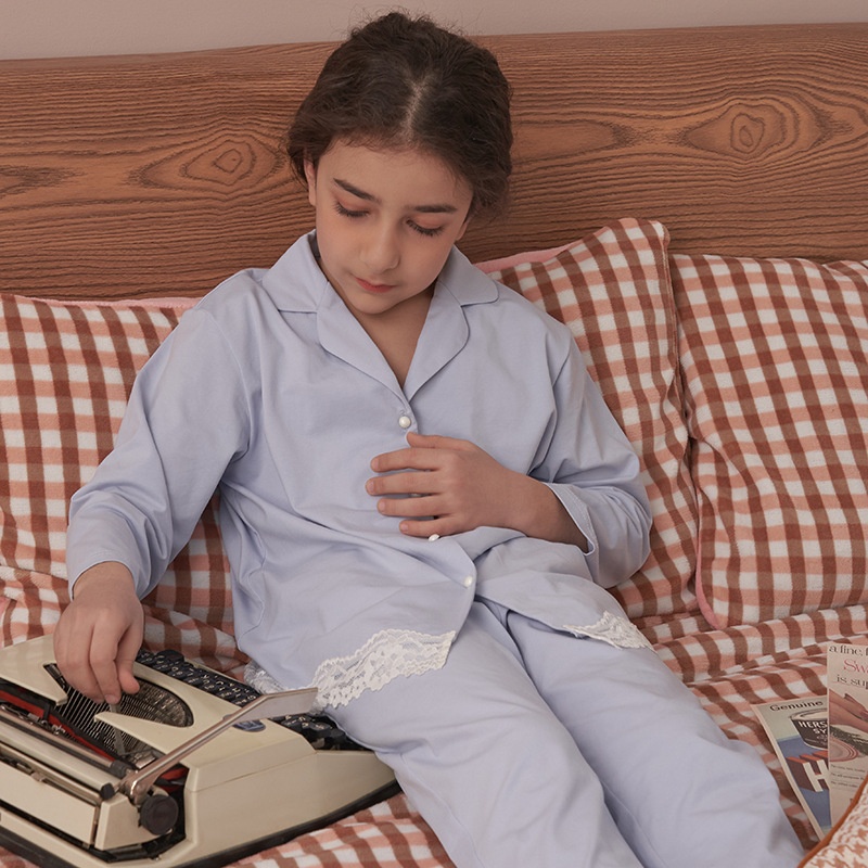 Spring And Summer Cotton Solid Color Pajamas For Middle And Large Children And Girls,Long-sleeved Two-piece Suits With Lace,Can Be Worn Outside As Home Clothes
