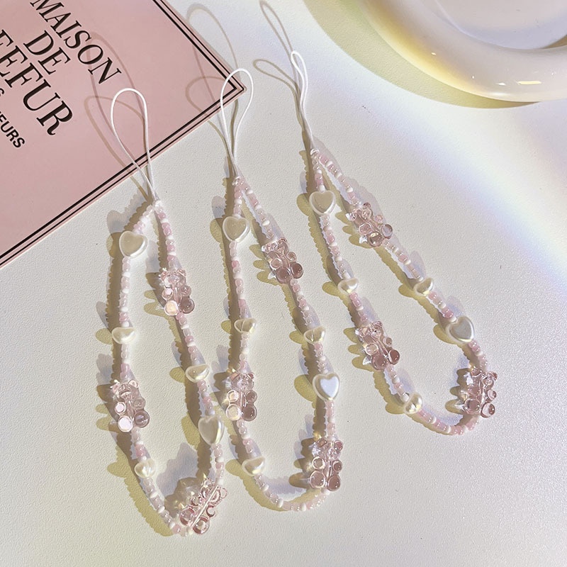 Girly Heart Pink Bear Pendant Beaded Chain Universal Mobile Phone Case Lanyard Camera CCDKeychain Mobile Phone Hanger