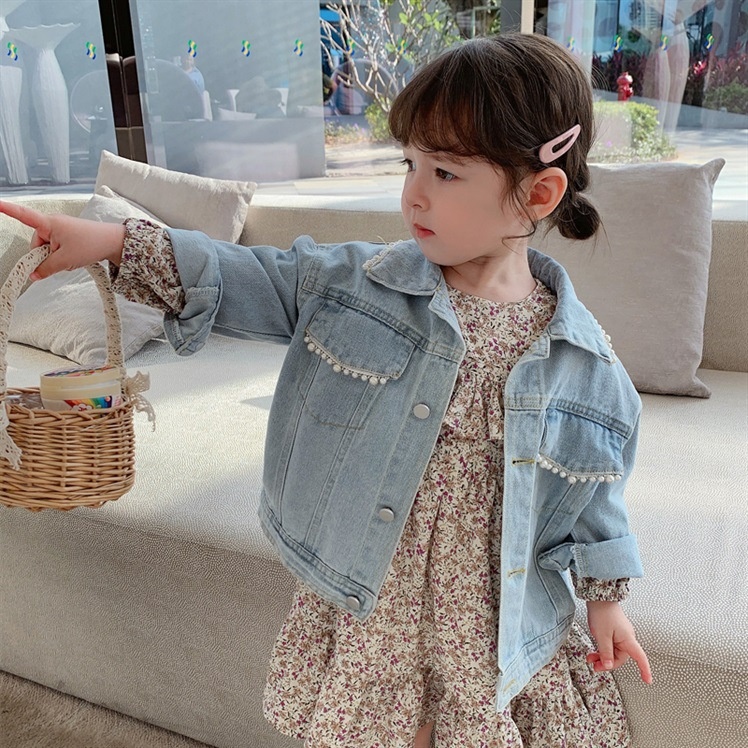 Girls Spring Pearl Korean Children's Denim Jacket Baby Spring And Autumn Style Fashion Cardigan Top