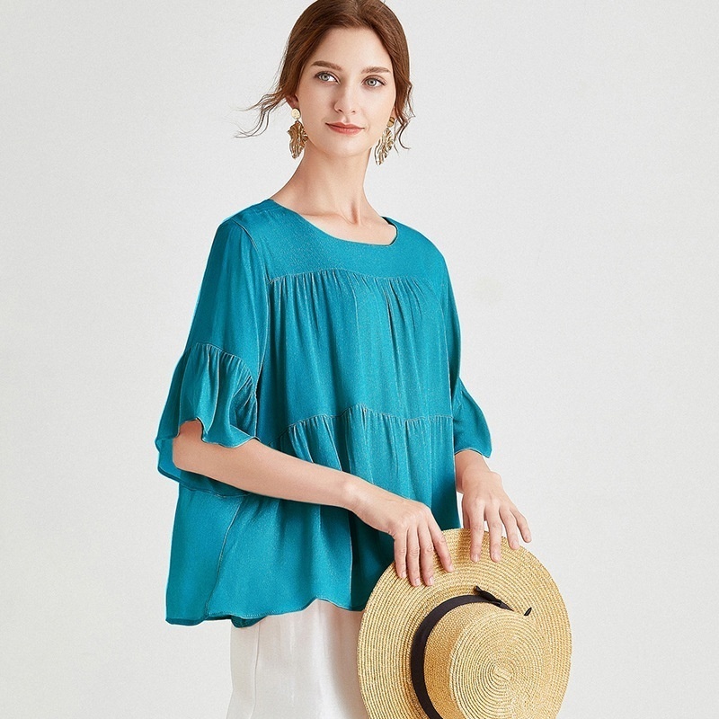 Fat Girl Large Size Heavy Silk Blouse Female Summer Round Neck Loose Slim Mulberry Silk Short-sleeved Top Female