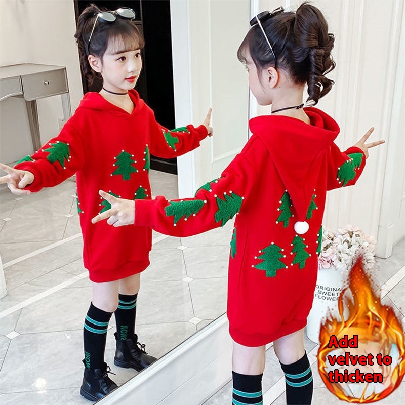 Girls Autumn And Winter Plus Velvet Sweater Winter Korean Version Of The Of Big Children And Little Girls Internet Celebrity Stylish Long Tops