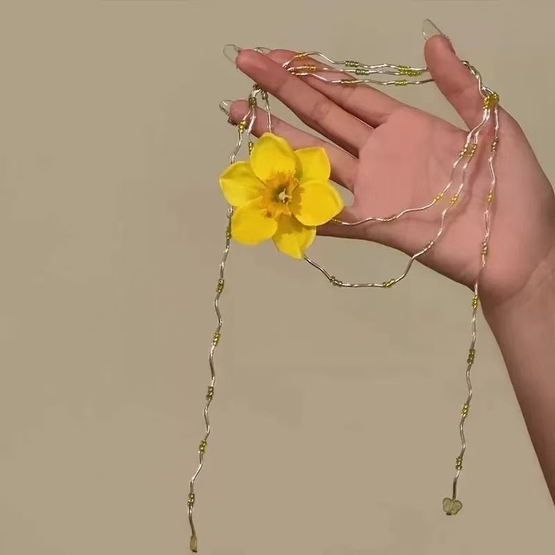 Sweet Yellow Flower Necklace Fashion Mori Seaside Vacation Internet Celebrant Multi-Layer Beaded Butterfly Chain