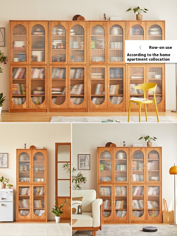 Y D Solid Wood Bookcase Study Living Room High Storage Shelf Glass Door Nordic Retro Display Cabinet Storage Bookcase