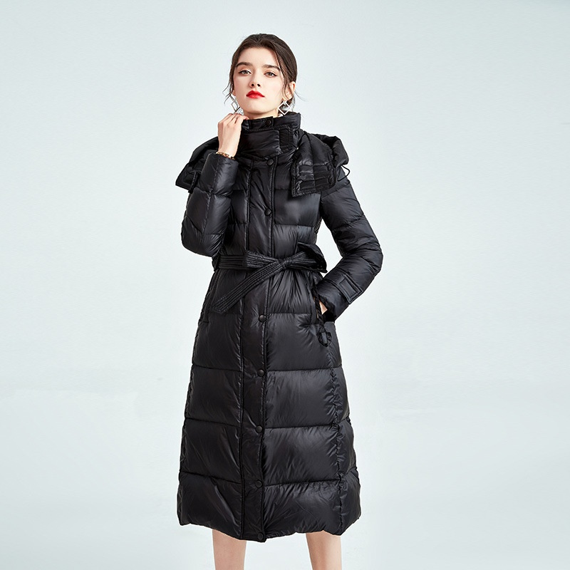 Down Jacket Length Over The Knee Waist Bright Hooded Coat For Women