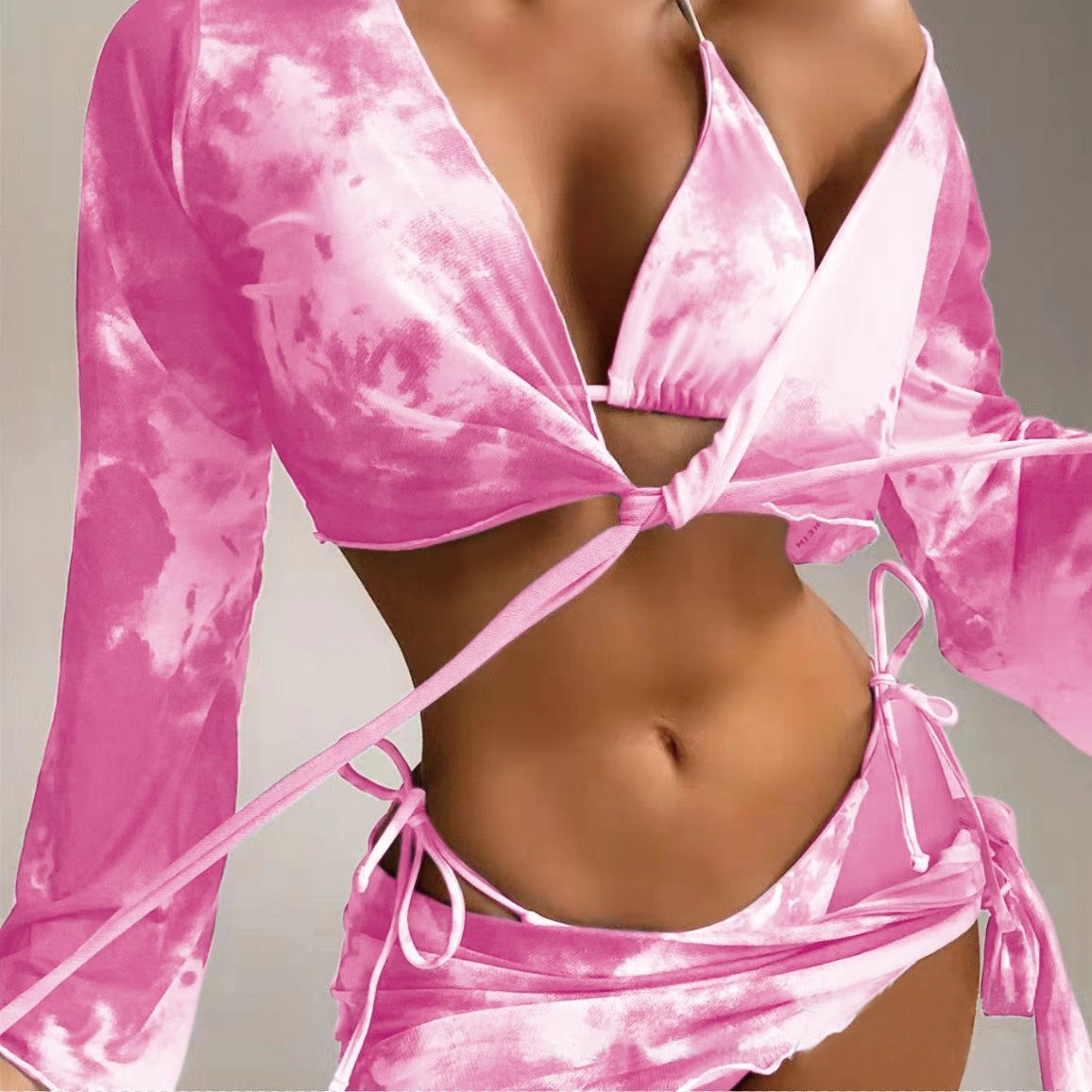 European And American Women's Three-piece Bikini Retro Tie-Dye Drawstring Swimsuit Women