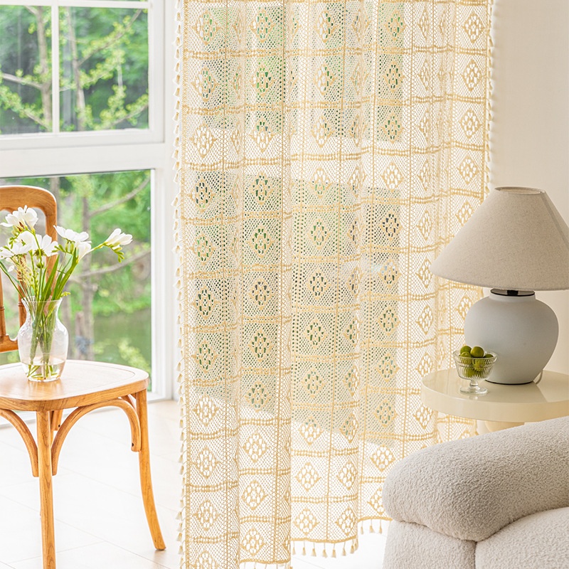 American Style Fine Woven Hollow Lace Yarn Crochet Beige Window Screen Semi-transparent Living Room Balcony Bedroom Finished Bay Window