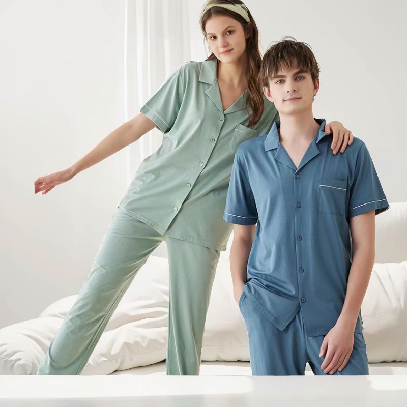 Lenzing Modal Cotton Short-sleeved Couple Pajamas Women Solid Color Simple Ladies Home Clothes Men's Suit
