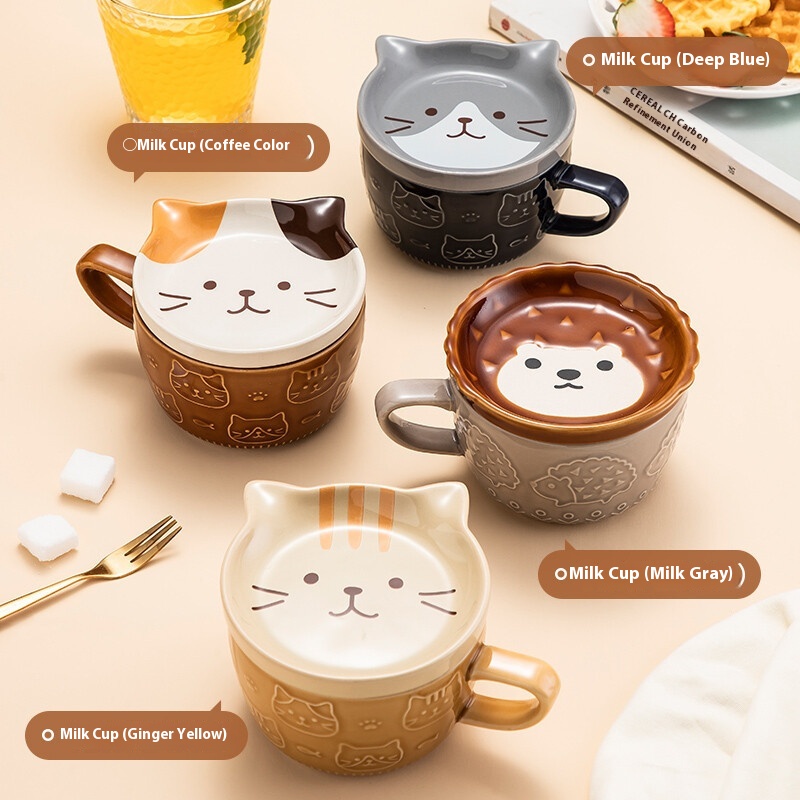 Japanese-style Cartoon Cat Cover Cup Cute Animal Ceramic Mug Household High-value Coffee Cup Breakfast Milk Cup