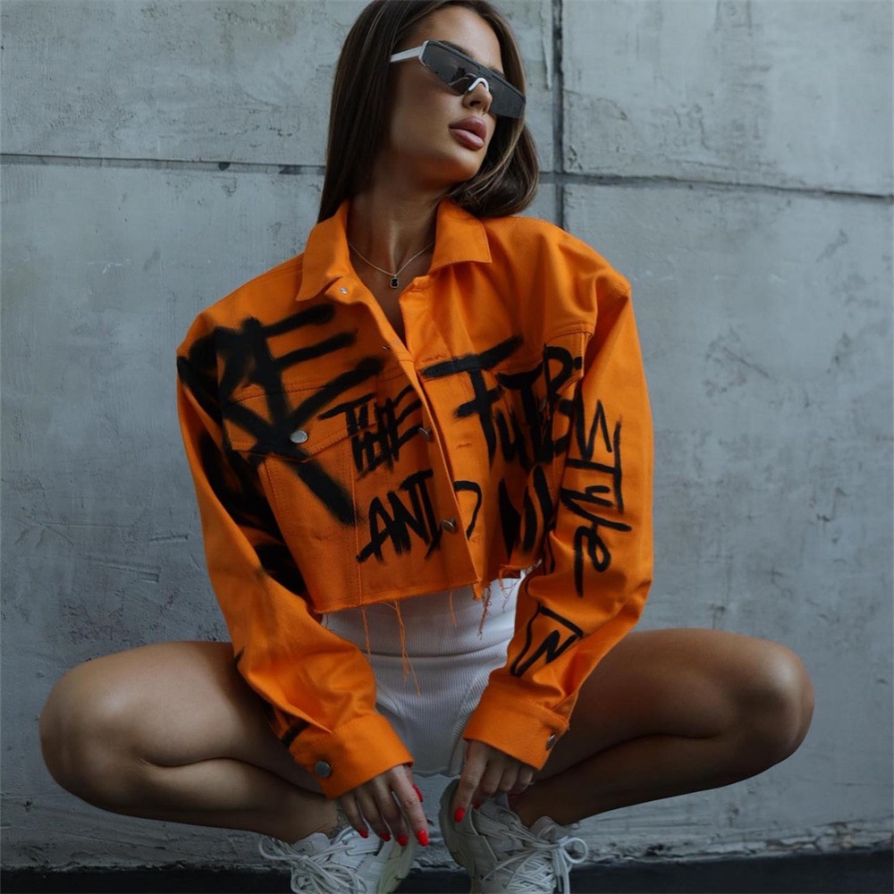 European And American Street Hot Girl Graffiti Letter Denim Coat Women's Autumn Polo Collar Short Button Jacket Top