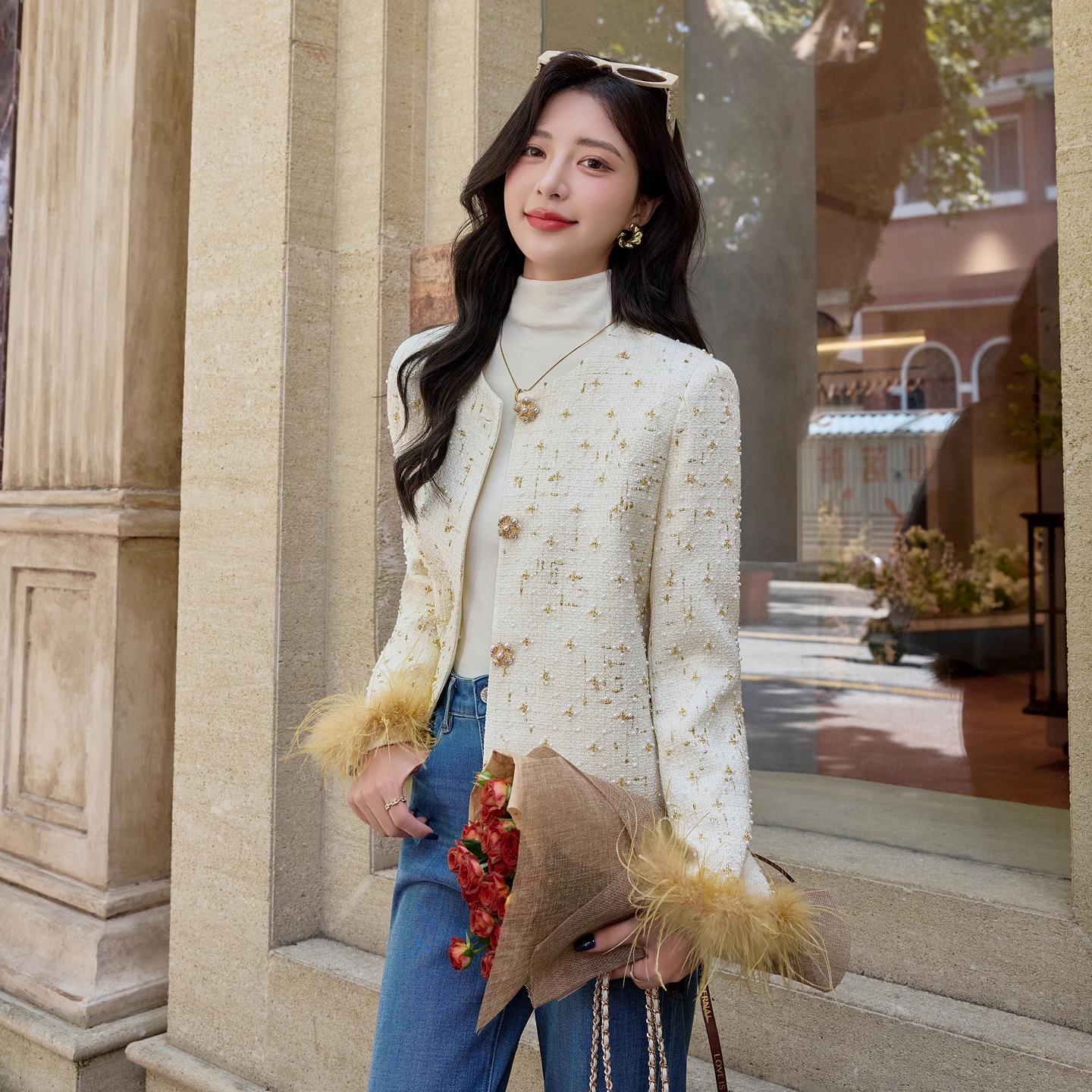 Beaded Elegant Ladylike Ostrich Wool Short Top