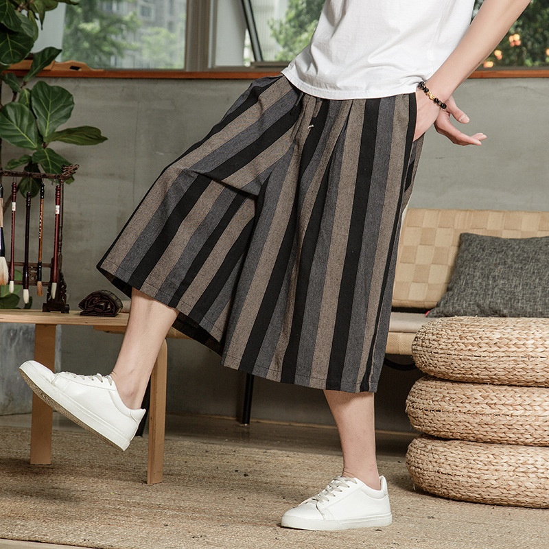 Summer Loose Cotton And Linen Chinese Style Wide Leg Pants Men's Casual Striped Elastic Waist Large Size Cropped Pants