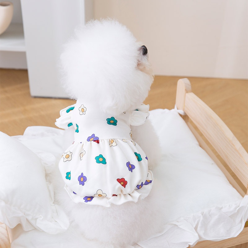 24 Spring And Summer Cute Little Flower Dog Dress Cat Small Flying Sleeve Skirt Bichon Teddy Pet Clothes